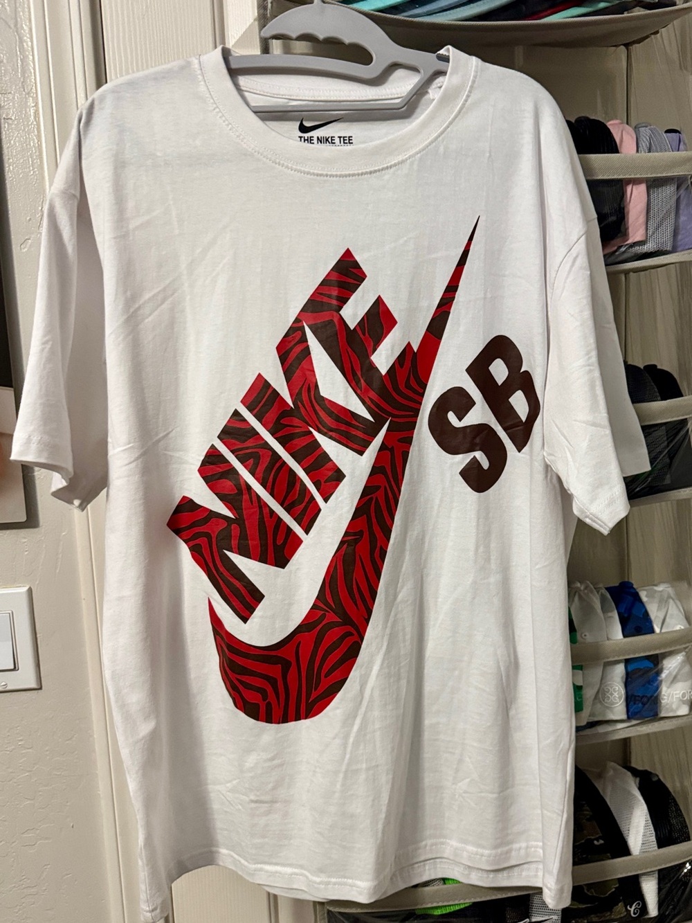 Nike Skateboarding White Short-Sleeve Tee with Red Patterned Swoosh and SB NWOT